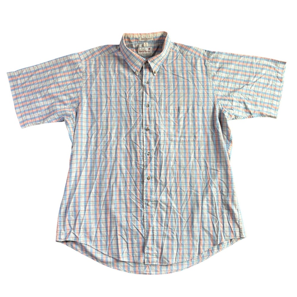 Stanley Blacker Mens XL Short Sleeve Button Down Shirt Plaid Blue Pink